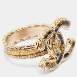 Pre Owned Chanel CC Enamel Gold Tone Ring Size 53
