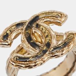 Pre Owned Chanel CC Enamel Gold Tone Ring Size 53
