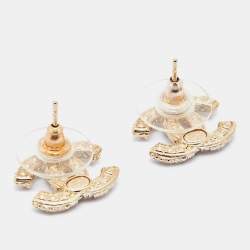 Pre Owned Chanel Pale Gold Tone Faux Pearl & Crystal CC Stud Earrings