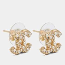 Pre Owned Chanel Pale Gold Tone Faux Pearl & Crystal CC Stud Earrings