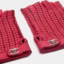 Chanel Burgundy Perforated Lambskin Turnlock Gloves Size 8