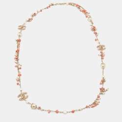 Pre Owned Chanel Gold Tone Faux Pearl Chain Necklace