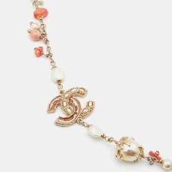Pre Owned Chanel Gold Tone Faux Pearl Chain Necklace