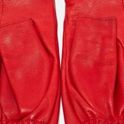 Pre Owned Chanel Red Leather CC Pearl Embellished Fingerless Gloves Size 8