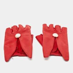Pre Owned Chanel Red Leather CC Pearl Embellished Fingerless Gloves Size 8