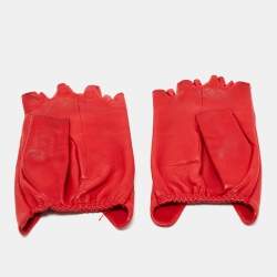 Pre Owned Chanel Red Leather CC Pearl Embellished Fingerless Gloves Size 8
