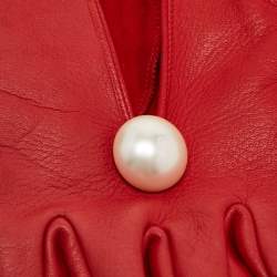 Pre Owned Chanel Red Leather CC Pearl Embellished Fingerless Gloves Size 8