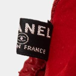 Pre Owned Chanel Red Leather CC Pearl Embellished Fingerless Gloves Size 8