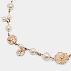 Pre Owned Chanel Pale Gold Tone Camelia CC Charm Pearl Necklace