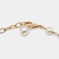 Pre Owned Chanel Pale Gold Tone Camelia CC Charm Pearl Necklace