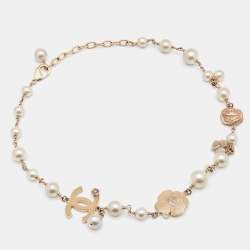 Pre Owned Chanel Pale Gold Tone Camelia CC Charm Pearl Necklace