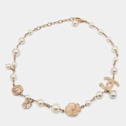 Pre Owned Chanel Pale Gold Tone Camelia CC Charm Pearl Necklace