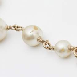 Pre Owned Chanel Pale Gold Tone Camelia CC Charm Pearl Necklace