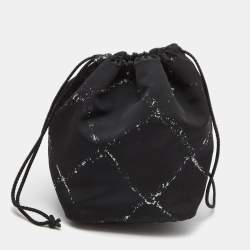 Chanel Black/White Quilted Print Nylon Travel Line Drawstring Pouch