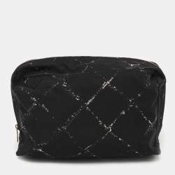 Pre Owned Chanel Black/White Quilted Print Nylon Travel Ligne Cosmetic Pouch