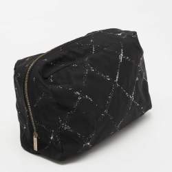 Pre Owned Chanel Black/White Quilted Print Nylon Travel Ligne Cosmetic Pouch