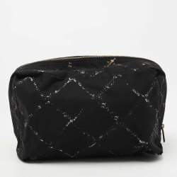Pre Owned Chanel Black/White Quilted Print Nylon Travel Ligne Cosmetic Pouch