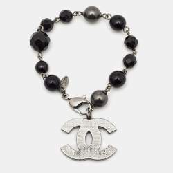 Pre Owned Chanel Black Faux Pearl & Bead CC Charm Bracelet