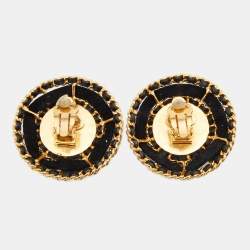 Chanel Vintage Gold Tone Leather Woven Pearl Dome Clip-On Earrings