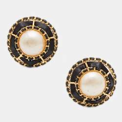 Chanel Vintage Gold Tone Leather Woven Pearl Dome Clip-On Earrings