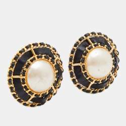 Chanel Vintage Gold Tone Leather Woven Pearl Dome Clip-On Earrings