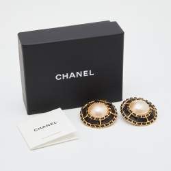 Chanel Vintage Gold Tone Leather Woven Pearl Dome Clip-On Earrings