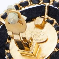 Chanel Vintage Gold Tone Leather Woven Pearl Dome Clip-On Earrings