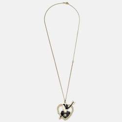 Pre Owned Chanel Coco Heart Enamel Faux Pearl Gold Tone Necklace 