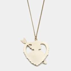 Pre Owned Chanel Coco Heart Enamel Faux Pearl Gold Tone Necklace 