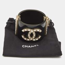 Pre Owned Chanel  CC Faux Pearl Black Resin Gold Tone Wide Cuff Bracelet 