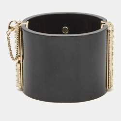 Pre Owned Chanel  CC Faux Pearl Black Resin Gold Tone Wide Cuff Bracelet 