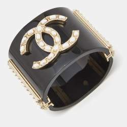 Chanel CC Faux Pearl Black Resin Gold Tone Wide Cuff Bracelet