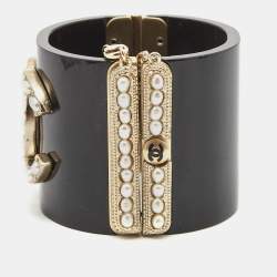 Pre Owned Chanel  CC Faux Pearl Black Resin Gold Tone Wide Cuff Bracelet 