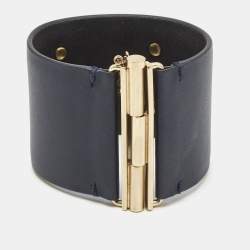 Chanel CC Leather Gold Tone Wide Cuff Bracelet