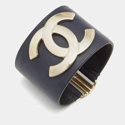 Chanel CC Leather Gold Tone Wide Cuff Bracelet