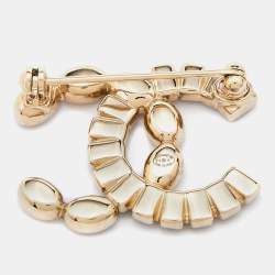 Pre Owned Chanel Brown & Beige Crystal CC Gold Tone Brooch