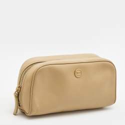 Pre Owned Chanel Beige Leather Zip Cosmetic Pouch