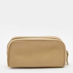 Pre Owned Chanel Beige Leather Zip Cosmetic Pouch