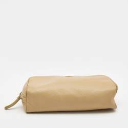 Pre Owned Chanel Beige Leather Zip Cosmetic Pouch