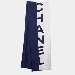 Pre Owned Chanel Navy Blue & White Logo Printed Silk Shawl