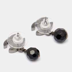 Chanel CC Black Bead Gunmetal Tone Drop Earrings