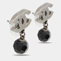 Chanel CC Black Bead Gunmetal Tone Drop Earrings