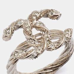 Pre Owned Chanel Gunmetal Tone Crystal Embellished CC Twist Ring EU 49