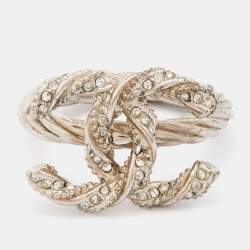 Pre Owned Chanel Gunmetal Tone Crystal Embellished CC Twist Ring EU 49