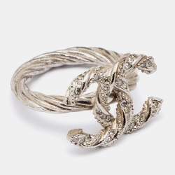 Pre Owned Chanel Gunmetal Tone Crystal Embellished CC Twist Ring EU 49