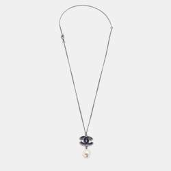 Pre Owned Chanel Gunmetal Tone Black CC Charm Faux Pearl Drop Necklace