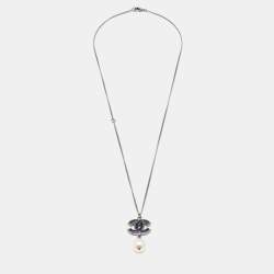 Pre Owned Chanel Gunmetal Tone Black CC Charm Faux Pearl Drop Necklace
