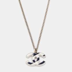 Pre Owned Chanel Bicolor Striped Enamel CC Silver Tone Chain Necklace