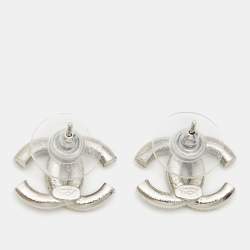 Chanel CC Crystals Silver Tone Stud Earrings