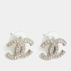 Chanel CC Crystals Silver Tone Stud Earrings